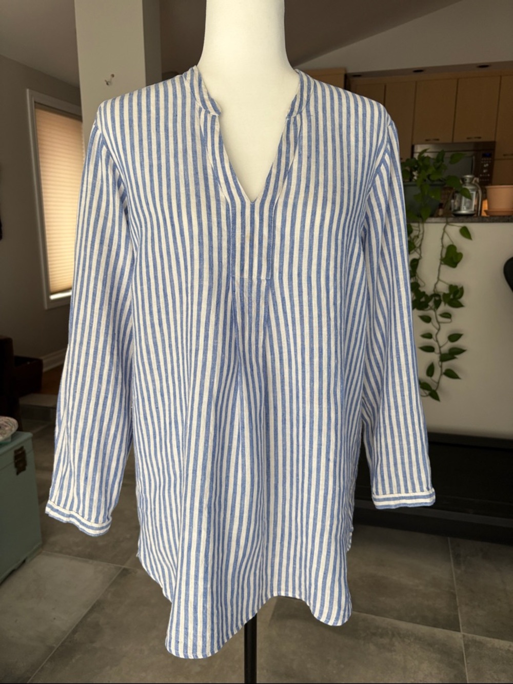 L.L. Bean Blue and White Striped Women's Tunic Blouse 100% Linen